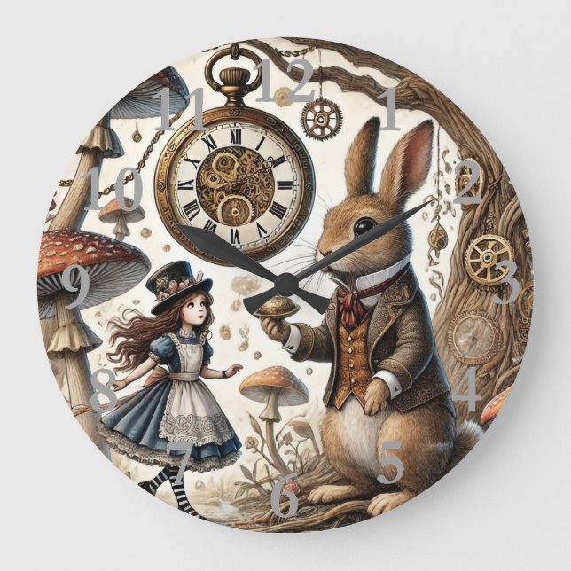 Alice im Wunderland White Rabbit Tee Art Große Wanduhr (Vorderseite)