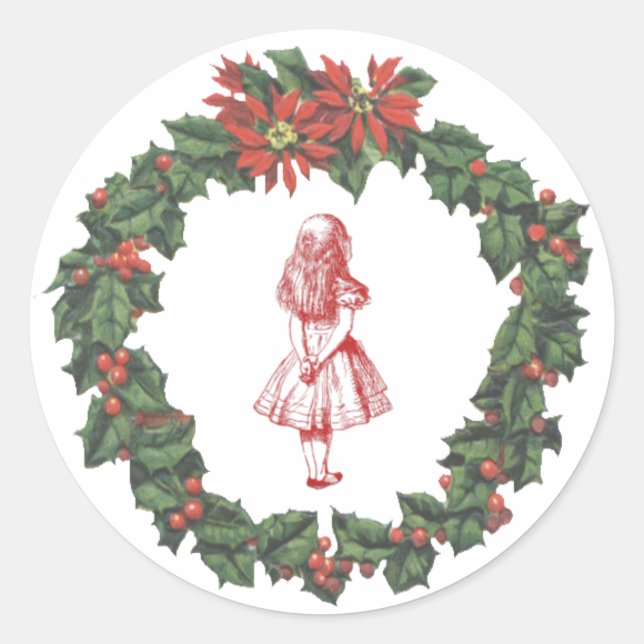 Alice im Wunderlandwreath-Weihnachtsaufkleber Runder Aufkleber (Vorderseite)