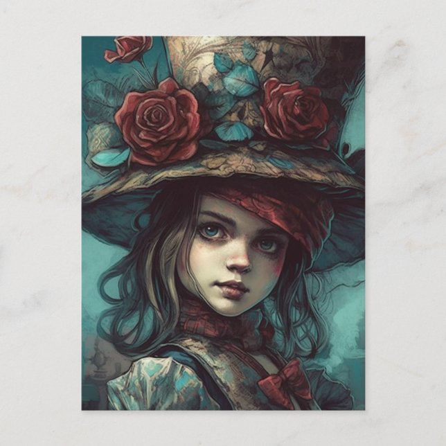 Alice in einem Top Hut mit Blume Postkarte (Vorderseite)