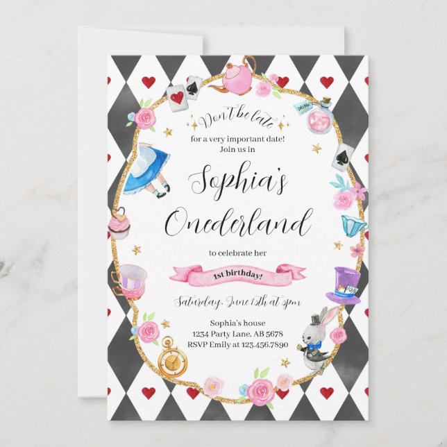 Alice in Onederland 1. Geburtstag Schwarz Einladung (Vorderseite)