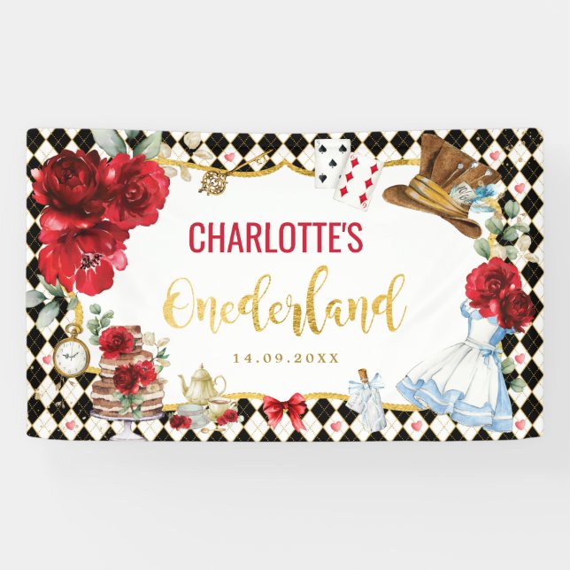 Alice in Onederland Birthday Black Red Gold Floral Banner (Horizontal)