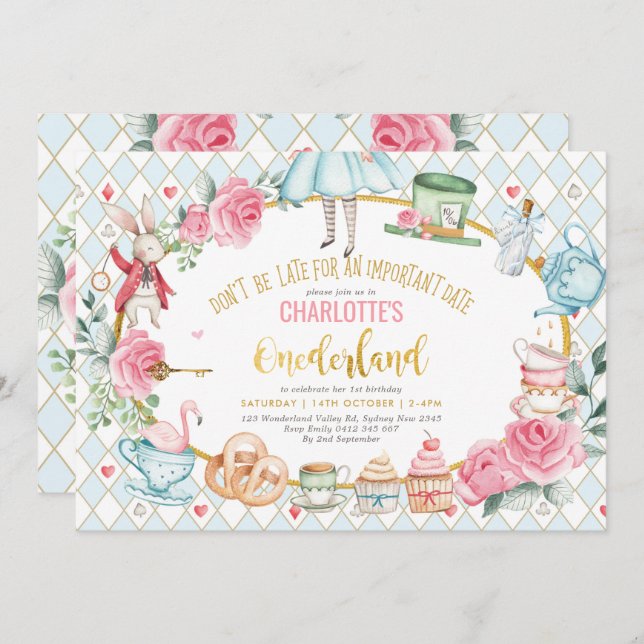 Alice in Onederland Blue Pink Birthday Tea Party Einladung (Vorne/Hinten)