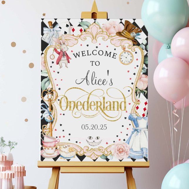 Alice in Onederland, das Begrüßungszeichen von 1.  Poster (Alice Onederland, Girl 1st birthday poster, mad hatter, tea party, birthday welcome sign.)