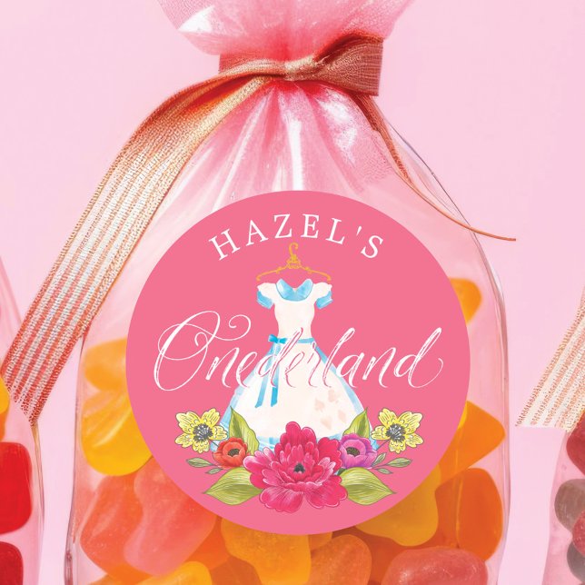 Alice in Onederland Florals & Blue Dress Birthday Runder Aufkleber (Alice in Onederland Florals & Blue Dress Birthday Classic Round Sticker)