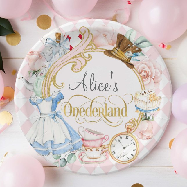 Alice in Onederland verrückter Hassentee Party Geb Pappteller (pink, Alice Onederland, Girl 1st birthday party paper plates)