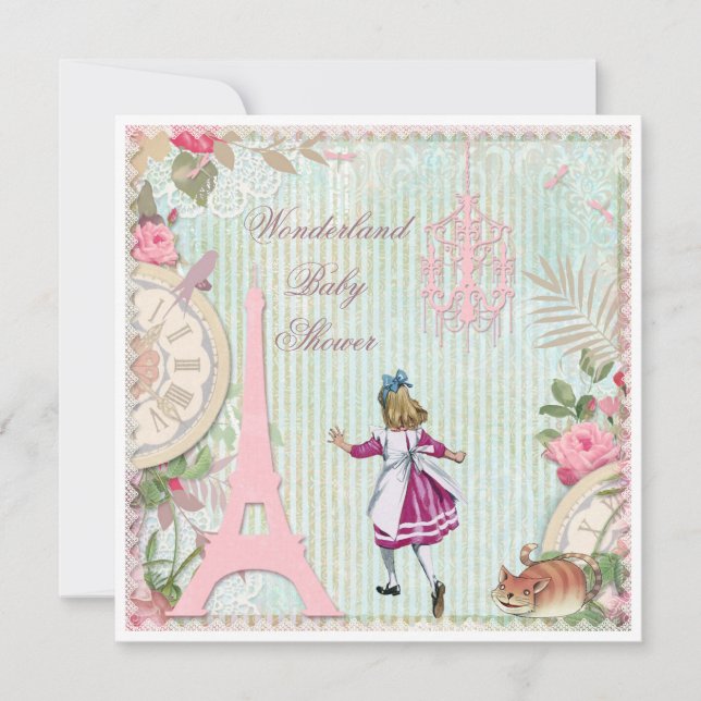 Alice in Paris Shabby Chic Wonderland Baby Shower Einladung (Vorderseite)