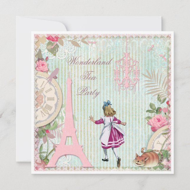 Alice in Paris Shabby Chic Wunderland Teezeremonie Einladung (Vorderseite)