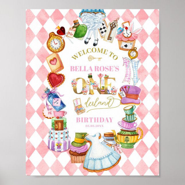 Alice in Wonderland 1st birthday Pink Welcome Poster (Vorne)