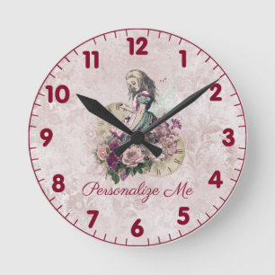 Alice in Wonderland Blush Floral Personalized Runde Wanduhr