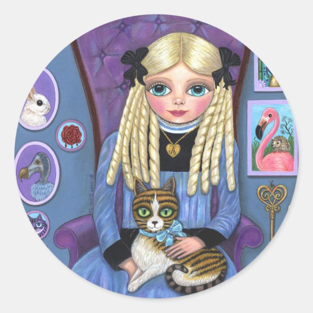 Alice in Wonderland & Dinah Cat Cute Fairy Tale Runder Aufkleber (Vorderseite)