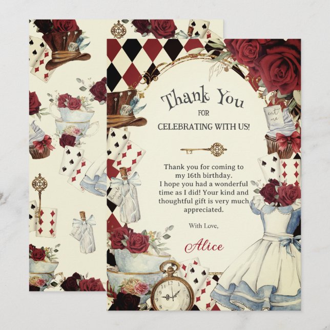 Alice in Wonderland Floral Bridal Shower Tea Party Dankeskarte (Vorne/Hinten)