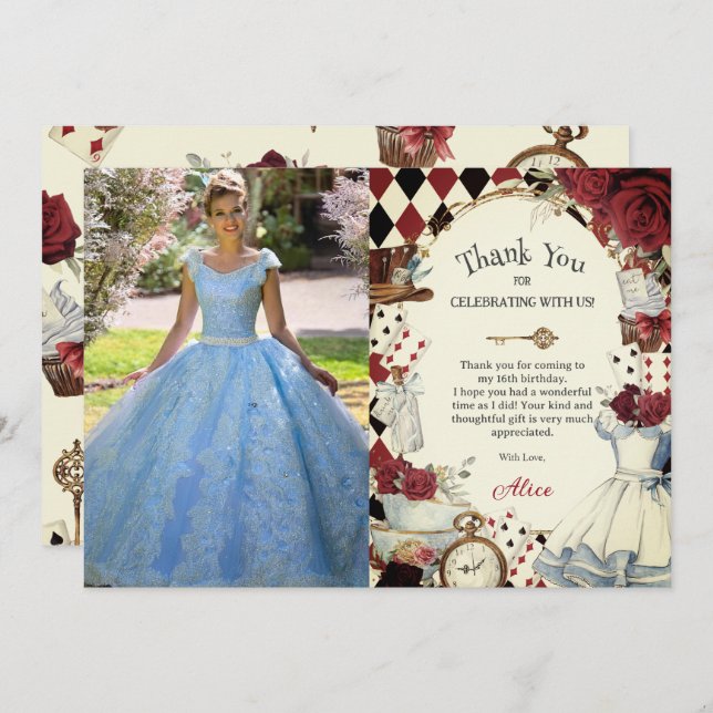 Alice in Wonderland Floral Sweet 16 Bridal Photo Dankeskarte (Vorne/Hinten)