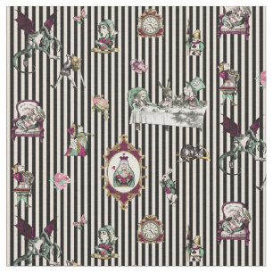 Alice in Wonderland on Black and Cream Striped  Stoff