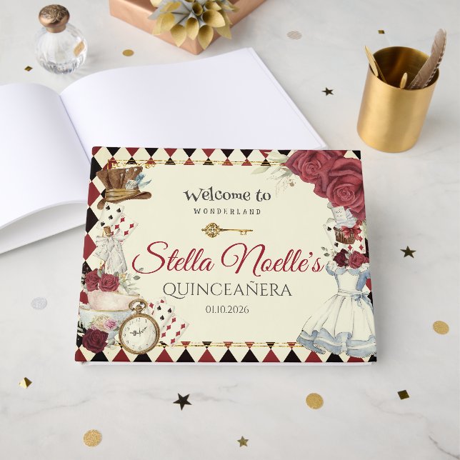 Alice in Wonderland Quinceanera Birthday Bridal Gästebuch (Vorderseite Offen)