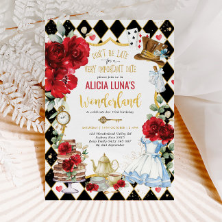 Alice in Wonderland Red Floral Mad Tea Birthday Einladung
