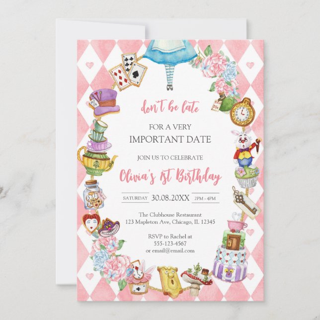 Alice in Wonderland Tea Party Birthday Invitation Einladung (Vorderseite)