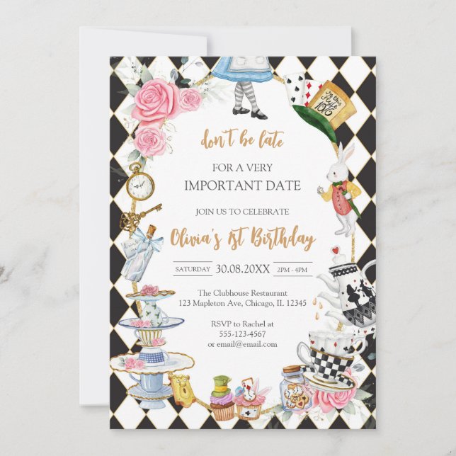 Alice in Wonderland Tea Party Birthday Invitation Einladung (Vorderseite)