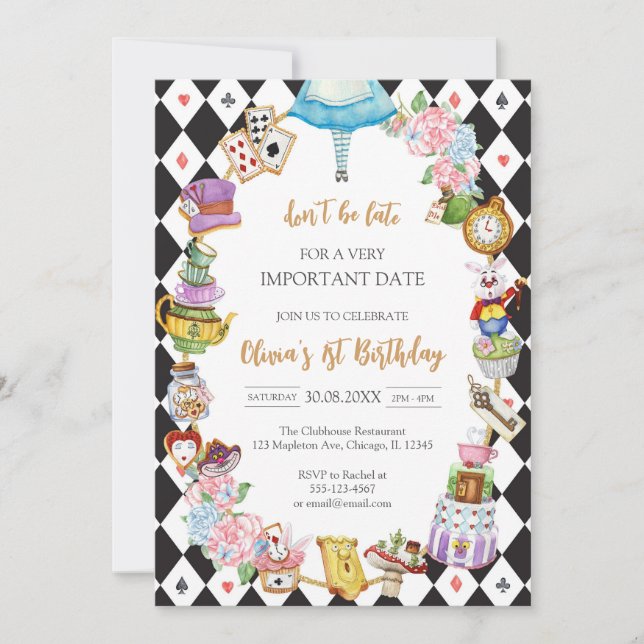 Alice in Wonderland Tea Party Birthday Invitation Einladung (Vorderseite)