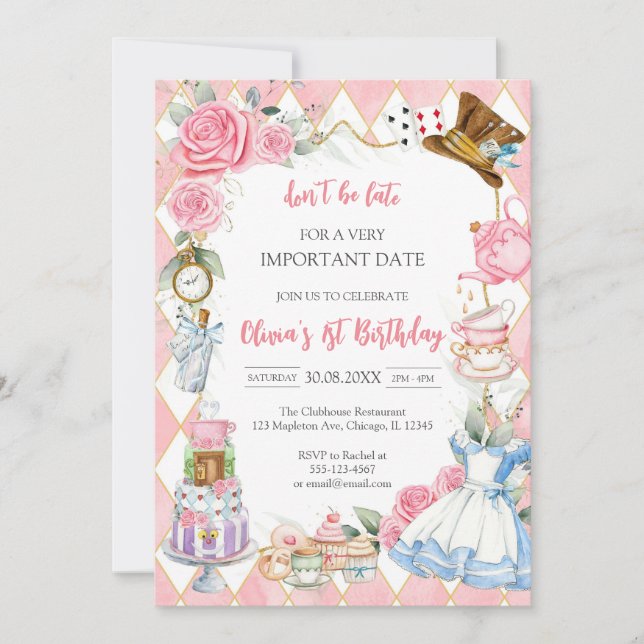Alice in Wonderland Tea Party Birthday Invitation Einladung (Vorderseite)