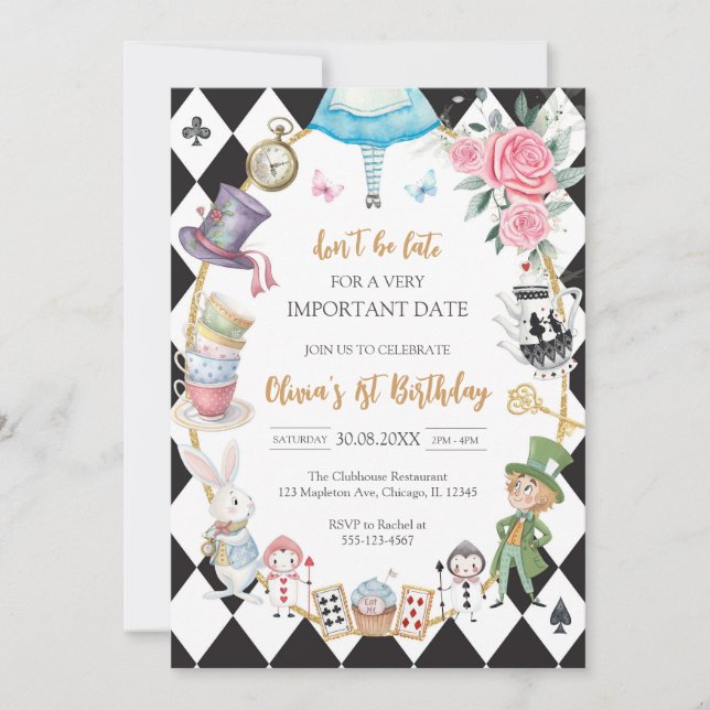 Alice in Wonderland Tea Party Birthday Invitation Einladung (Vorderseite)