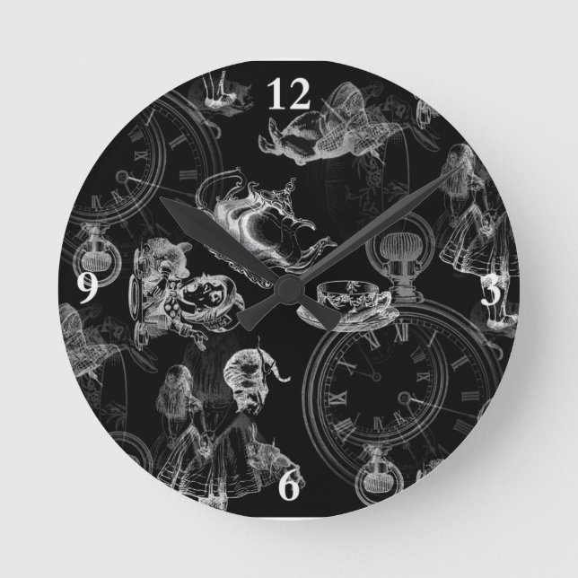 Alice in Wonderland Teatime Black Clock Runde Wanduhr (Vorderseite)