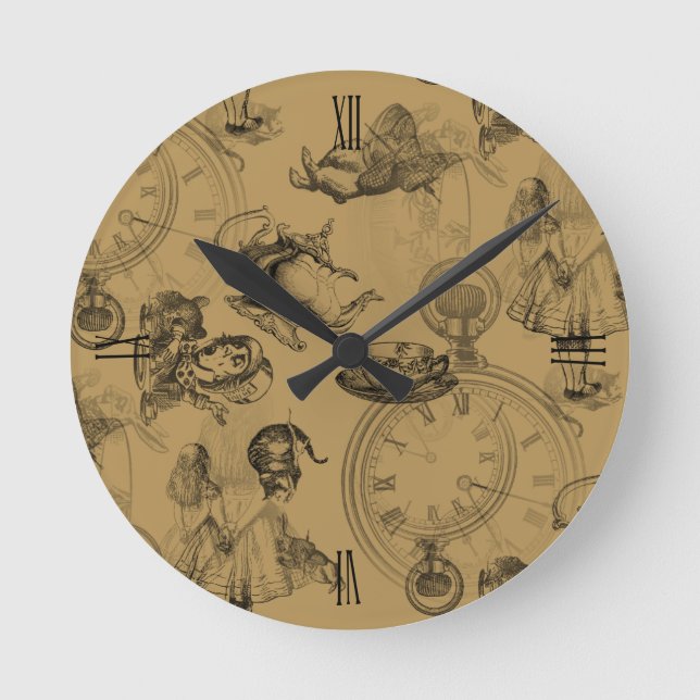 Alice in Wonderland Teatime Gold Black Clock Runde Wanduhr (Vorderseite)