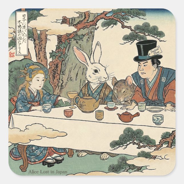Alice Lost in Japan | Ukiyo-e Mad Tea Party Quadratischer Aufkleber (Vorderseite)