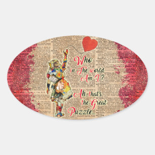 Alice, Mad Hatter und Rabbit Vintag Collage Quote Ovaler Aufkleber