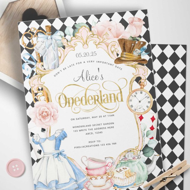 Alice mad hatter Wunderland Tee Party 1. Geburtsta Einladung (Alice Onederland, Girl 1st birthday invitation.)