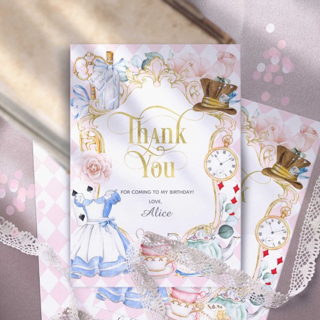 Alice Onederland, Mad hatter, Mädchen, 1. Geburtst Dankeskarte (Pink, Alice in Wonderland, girl 1st birthday thank you cards)