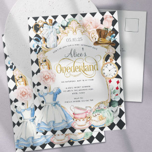 Alice Onederland Tee Party Mädchen 1. Geburtstag Einladungspostkarte