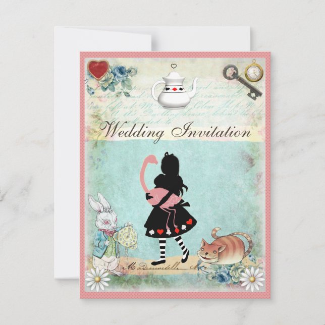 Alice, Pink Flamingo und Cheshire Cat Wedding Einladung (Vorderseite)