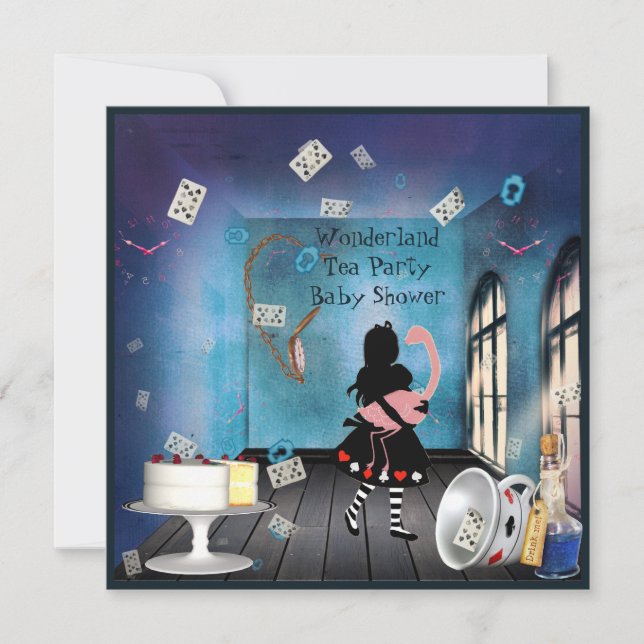 Alice & Pink Flamingo Wonderland Babydusche Einladung (Vorderseite)