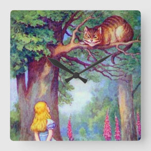 Alice & the Cheshire Cat in Color Wall Clock Quadratische Wanduhr