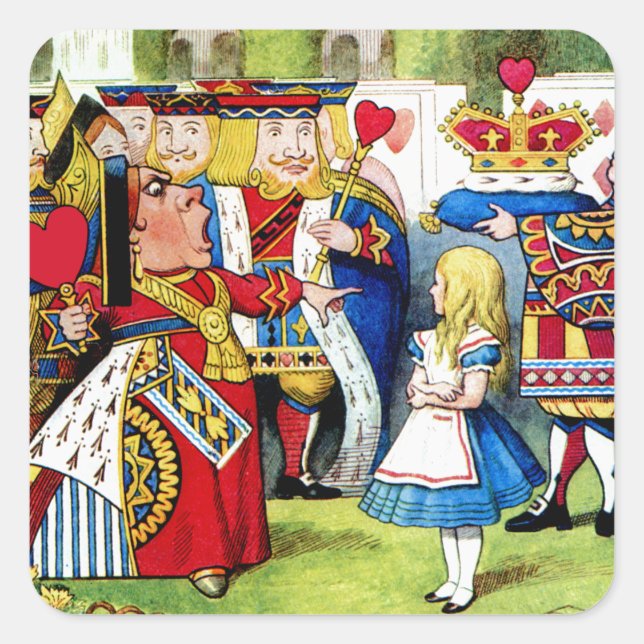 Alice trifft die Königin des Herzens im Wunderland Quadratischer Aufkleber (Vorderseite)