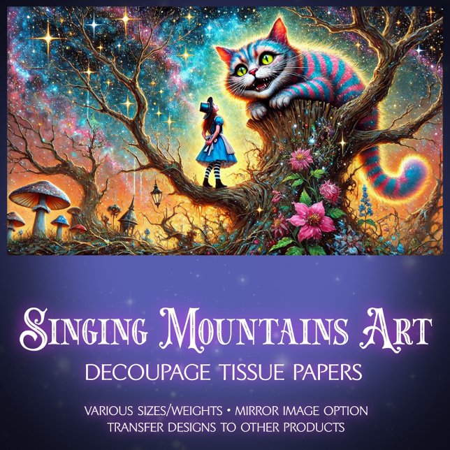 Alice und Cheshire Cat im Zwielichtbaum - Dekoupag Seidenpapier (Von Creator hochgeladen)