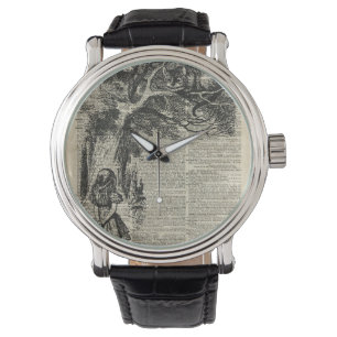 Alice- und Cheshire-Schablonen-Kunst auf altes Armbanduhr