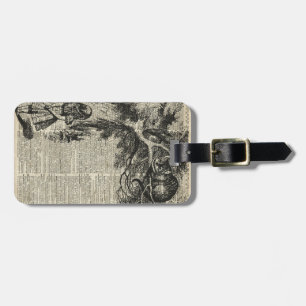 Alice- und Cheshire-Schablonen-Kunst auf altes Gepäckanhänger