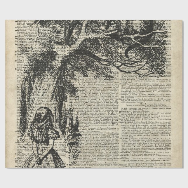 Alice- und Cheshire-Schablonen-Kunst auf altes Geschenkpapier (Flach)
