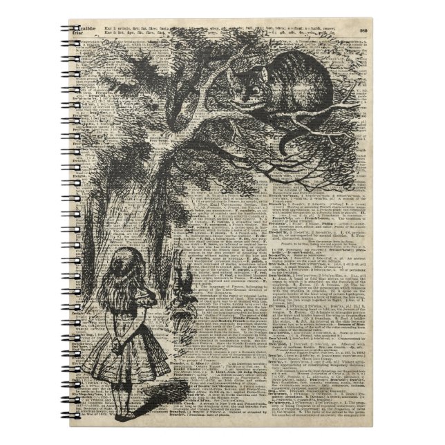 Alice- und Cheshire-Schablonen-Kunst auf altes Notizblock (Vorderseite)