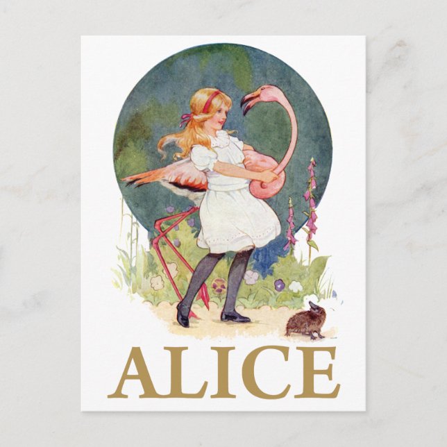 ALICE UND DAS PINK FLAMINGO SPIELEN CROQUET POSTKARTE (Vorderseite)