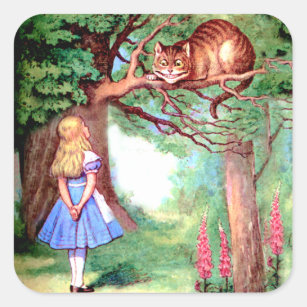 Alice und die Cheshire Cat in Wonderland Quadratischer Aufkleber