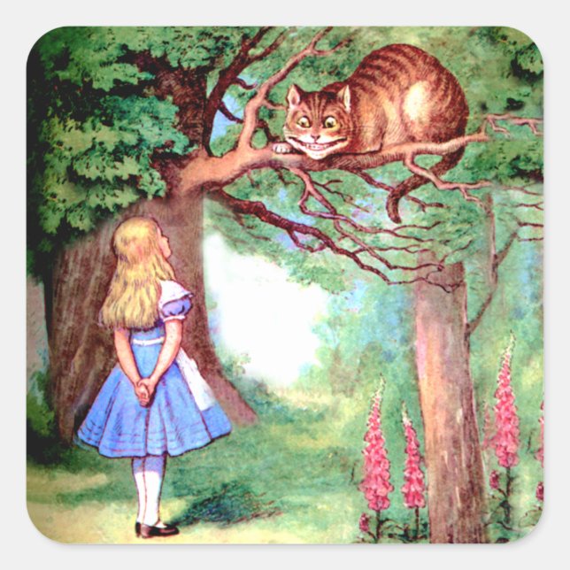 Alice und die Cheshire Cat in Wonderland Quadratischer Aufkleber (Vorderseite)