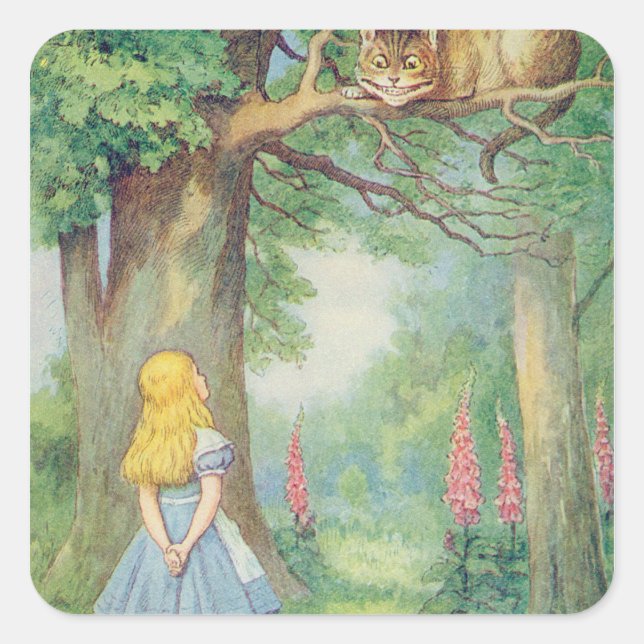 Alice und die Cheshire Cat Quadratischer Aufkleber (Vorderseite)