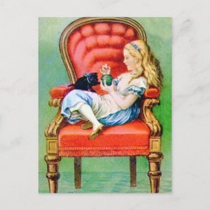 Alice und ihre Katze Dinah im großen roten Samtses Postkarte