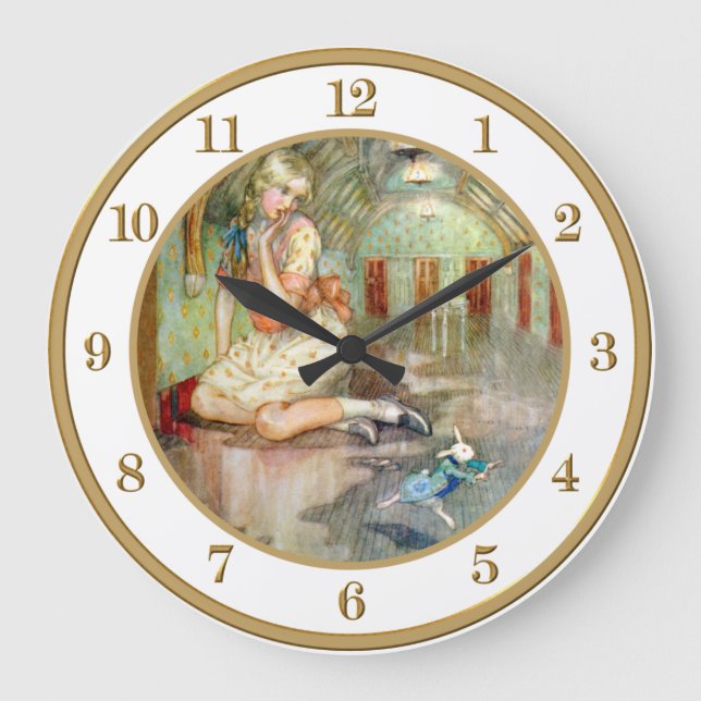 Alice wächst im Haus des Kaninchens zu groß Große Wanduhr (Vorderseite)