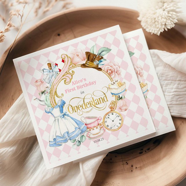 Alice Wonderland Tea Party, Girl 1st birthday  Serviette (Pink Alice's First Birthday in ONEderland, Girl's 1st Birthday Party Napkins.)