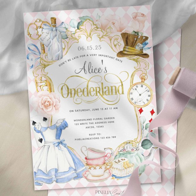 Alice's Onederland Wahnsinniges Party Einladung (Alice in Onederland, Pink Girl 1st birthday, Cute birthday invitations.)