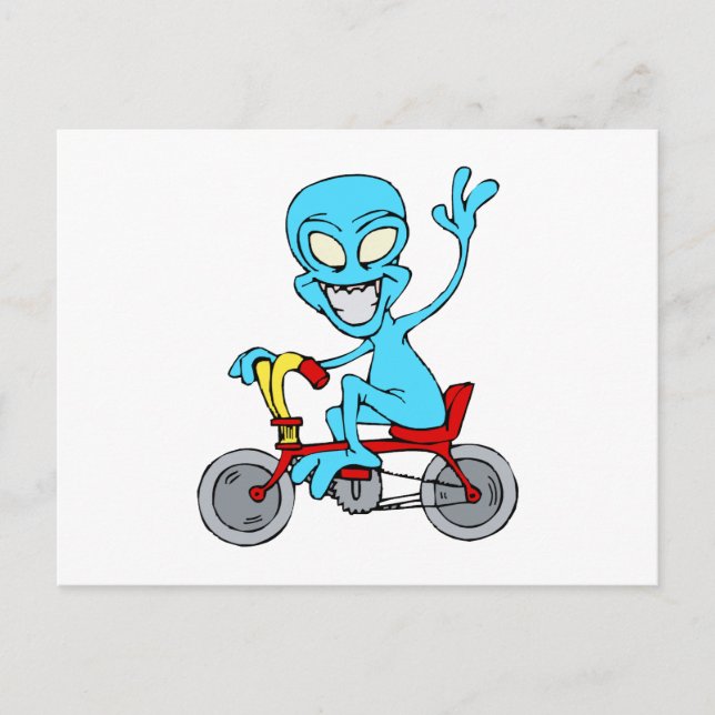 Alien auf winzigen Fahrrädern Postkarte (Vorderseite)