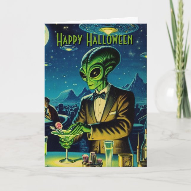 Alien Barkeeper, der zu Halloween trinkt Karte (Vorderseite)